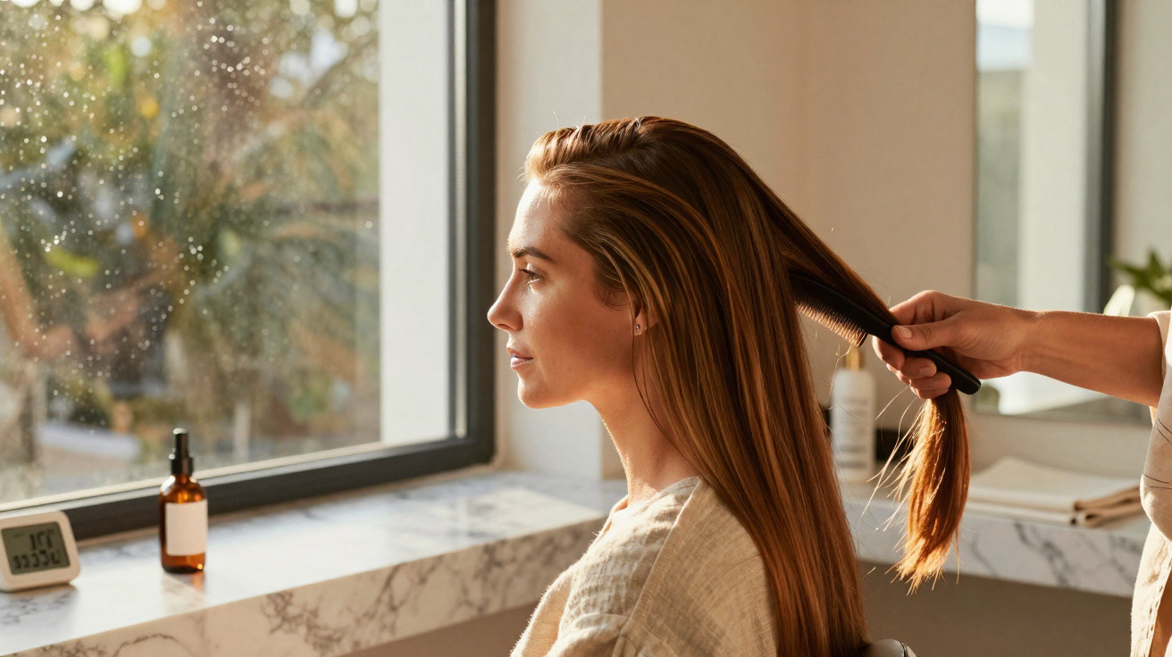 Woman having her long hair brushed near a window on a sunny day in a marble-topped room.