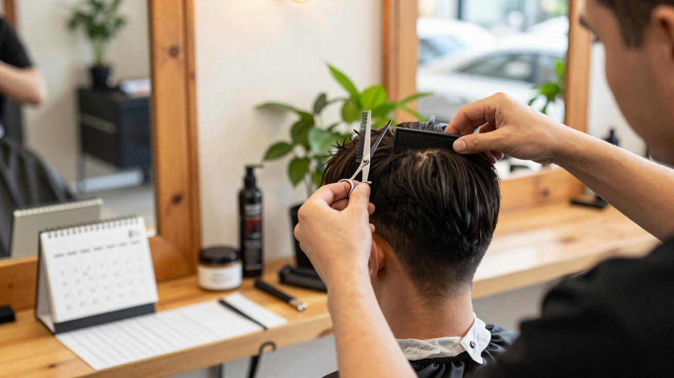 Hairdresser cutting a man's wet hair with scissors and comb in a barbershop.