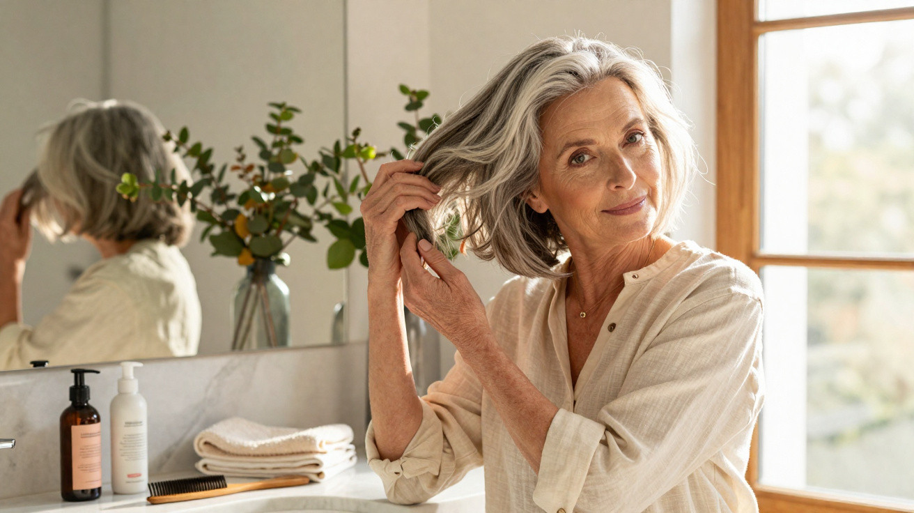 Older woman with grey hair styling her hair in a bright bathroom with a mirror and plants in the background.
