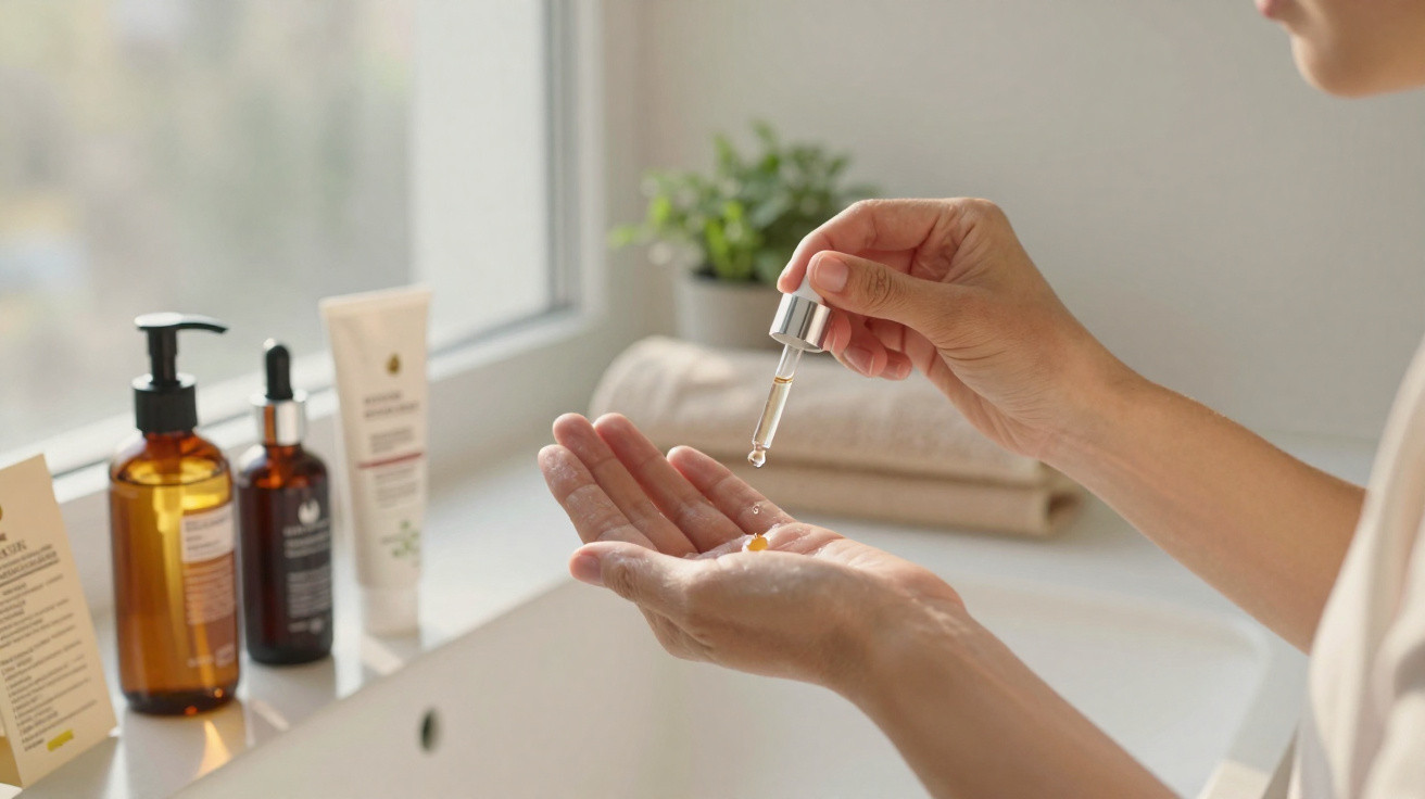 Person dispensing facial serum from a dropper onto their palm with skincare products and towels nearby.