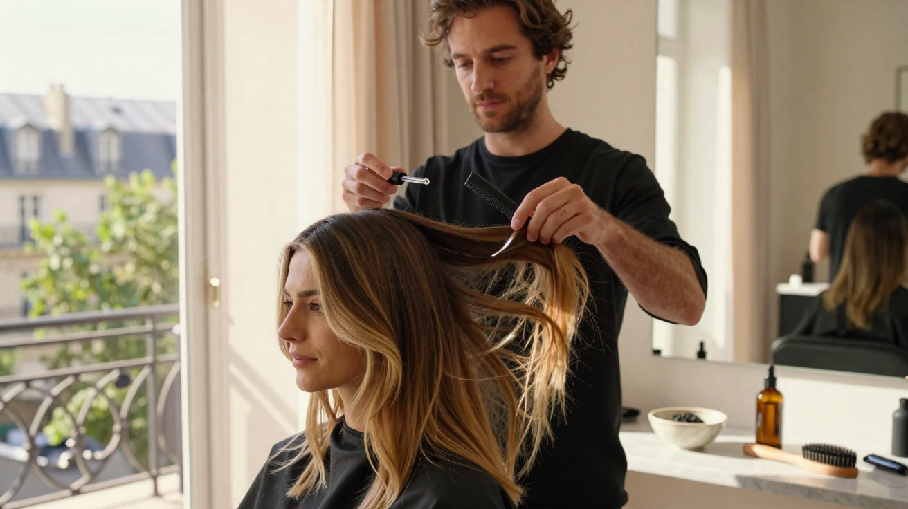 Hairdresser applying hair treatment to a seated woman with long blonde hair in a sunlit salon.