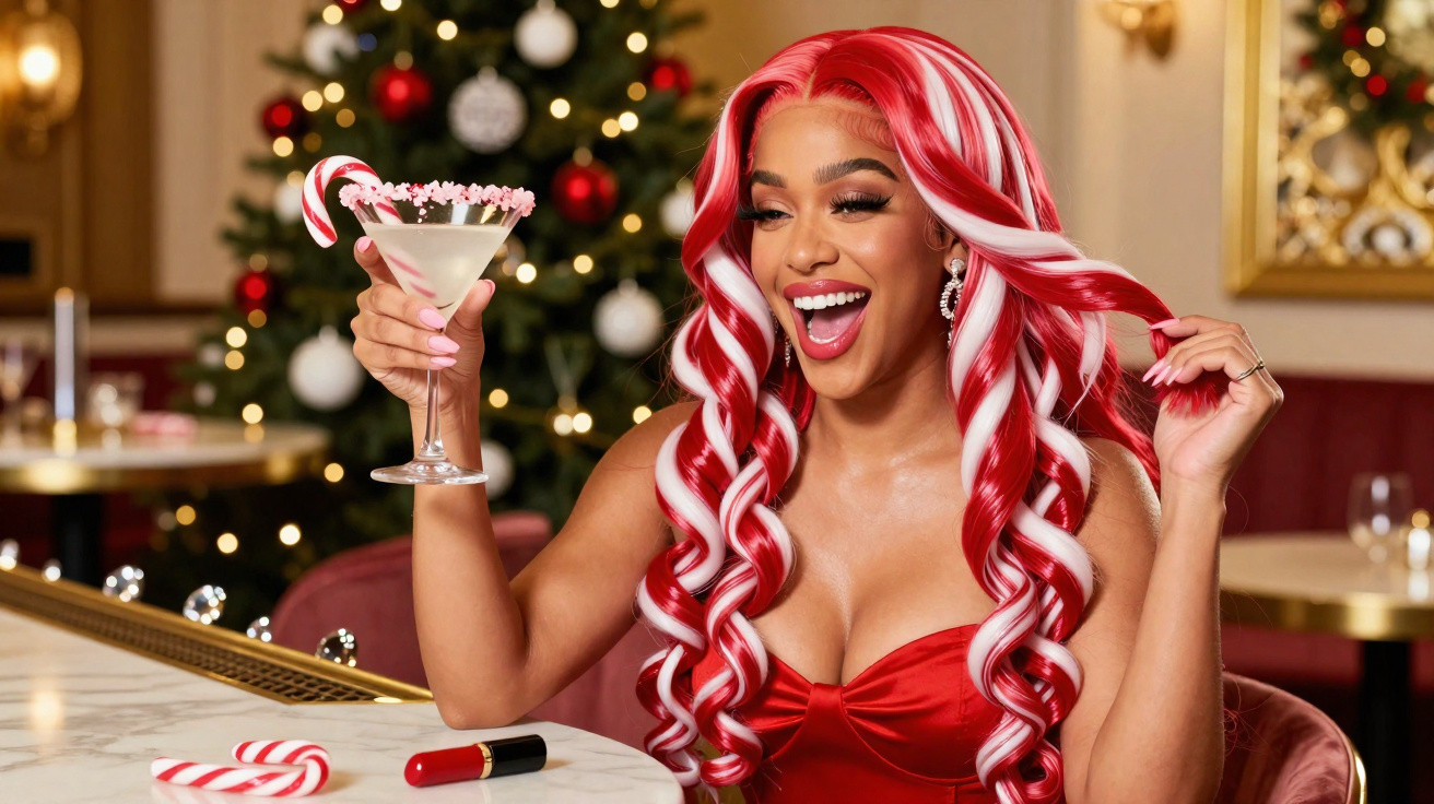Woman with long red and white curled hair holding a cocktail with a candy cane, seated at a festive bar.