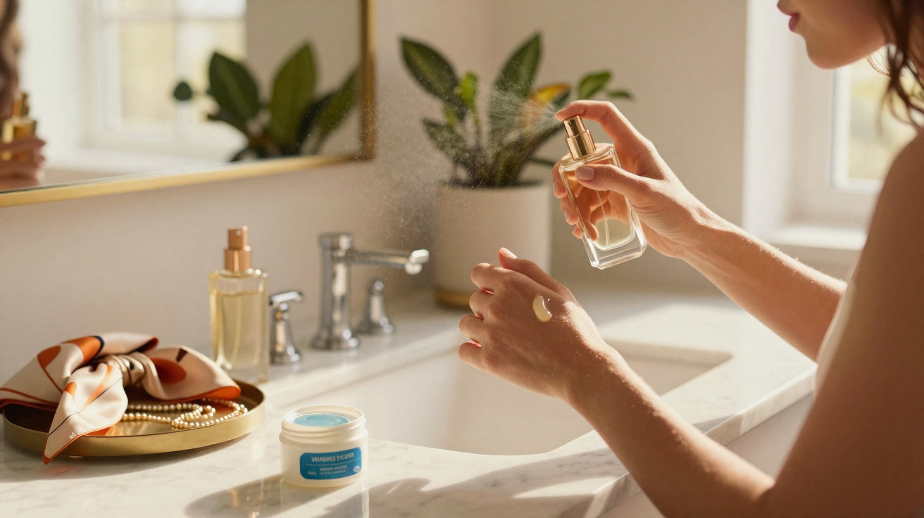 Woman spraying perfume on hand over bathroom sink with skincare cream and accessories nearby