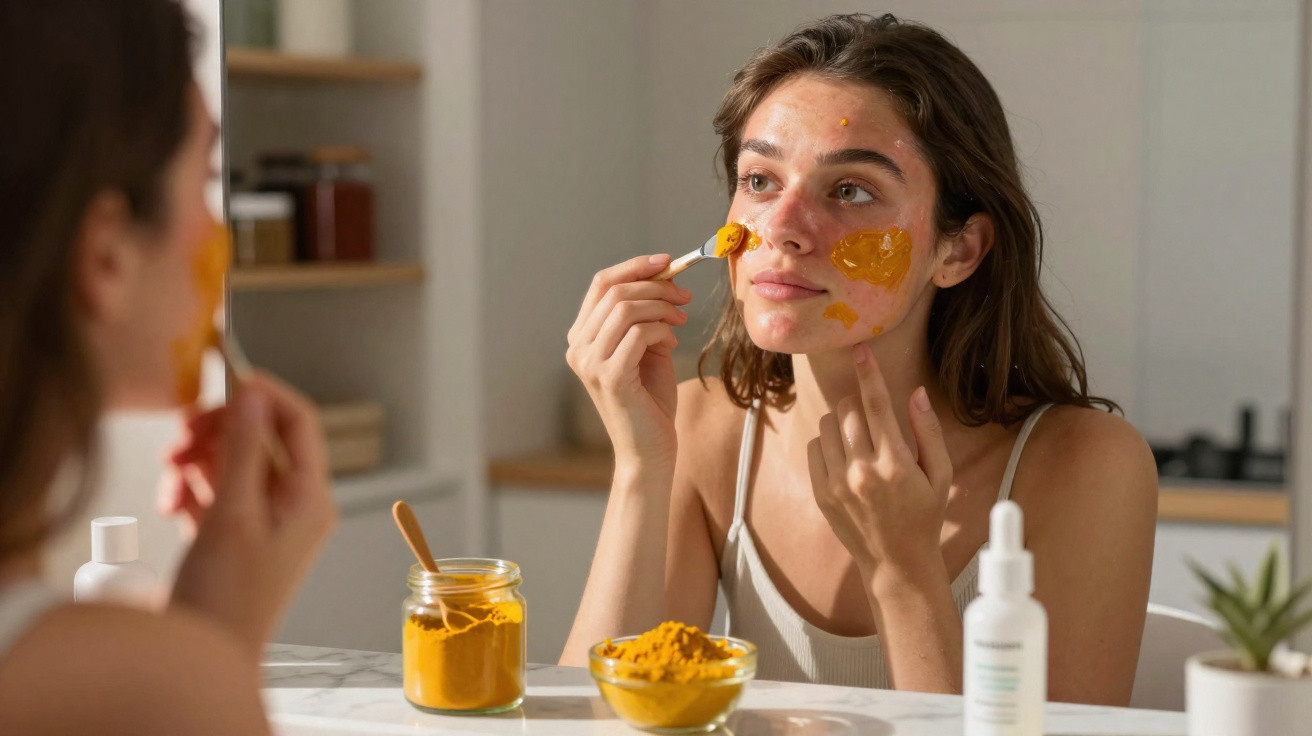 Young woman applying a homemade turmeric face mask in front of a mirror in a bright kitchen.