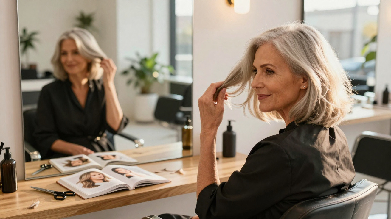 Mature woman with grey hair sitting in a salon chair, looking at her reflection and touching her hair.