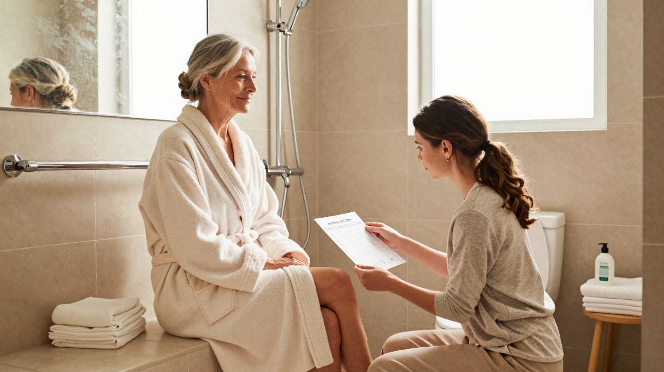Older woman in bathrobe sitting on bathroom bench while younger woman shows her a document labeled safety checklist