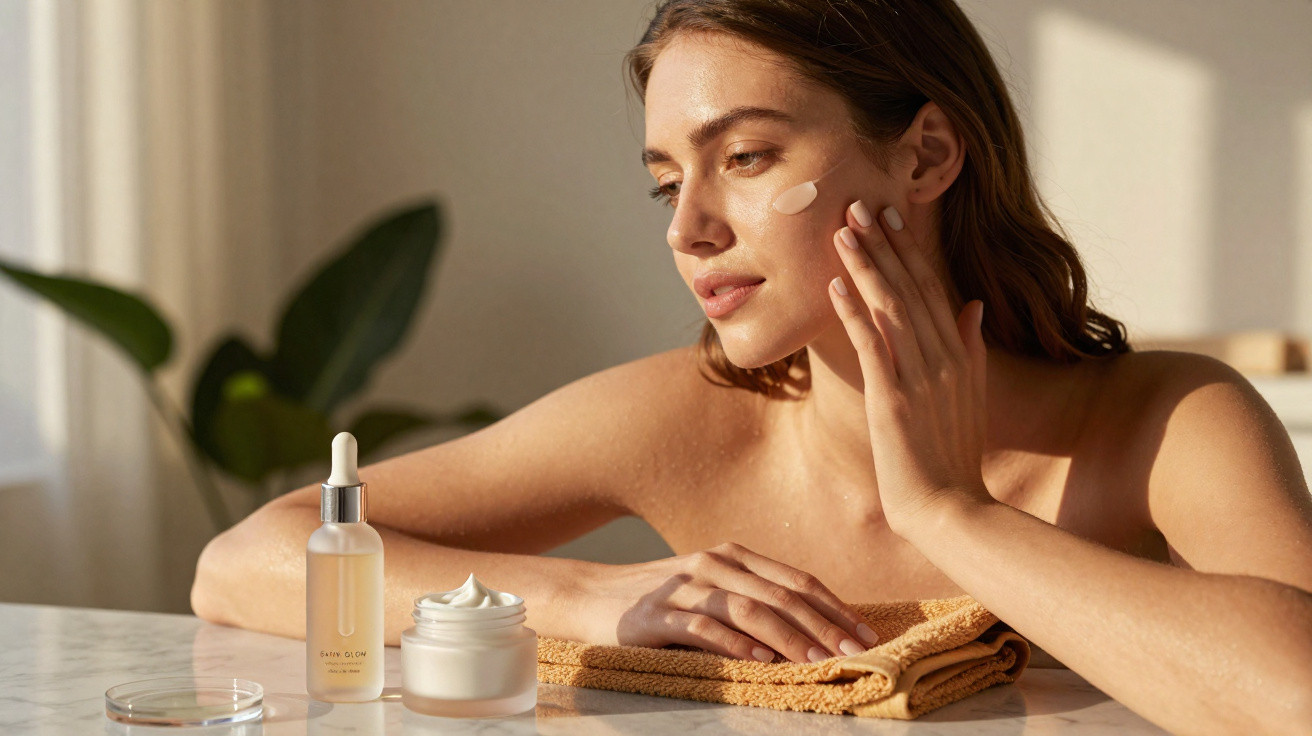 Woman applies skincare cream on face at sunlit table with serum and cream jars nearby