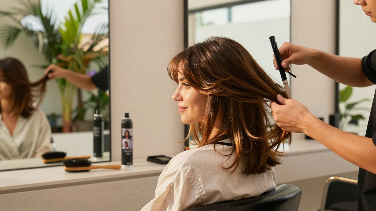 Woman with medium-length brown hair getting a haircut at a salon with a mirror and hair products in the background