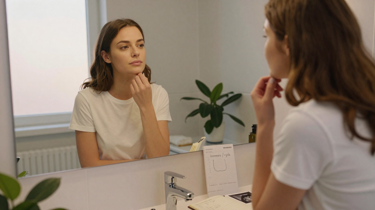 Young woman in white t-shirt looking thoughtfully at herself in a bathroom mirror with plants nearby