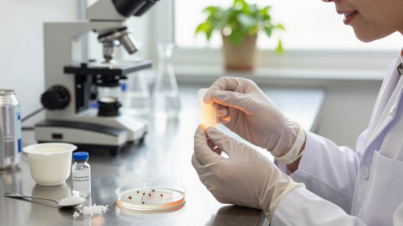 Scientist wearing gloves holding a glowing slide near a petri dish on a lab table with a microscope.