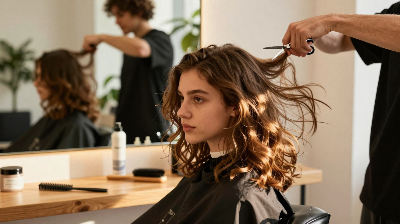 Woman with wavy brown hair getting a haircut at a salon, seated in front of a mirror with tools on the table.