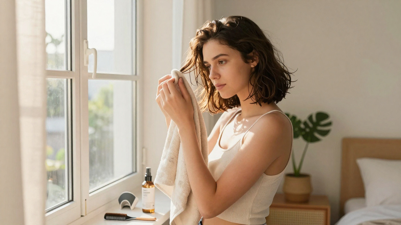 Young woman with wet hair drying her face with a towel near a window in a sunlit bedroom.