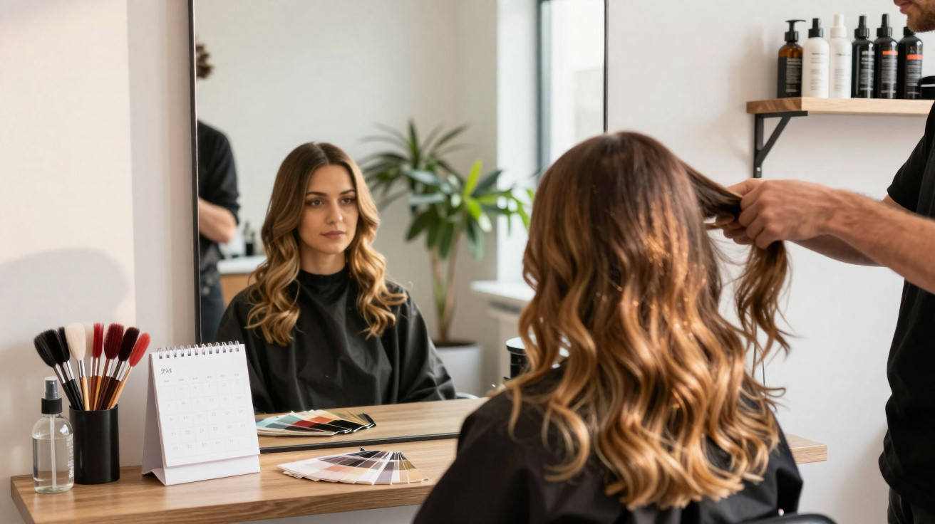 Woman with wavy hair sitting at a salon mirror while hairdresser styles her hair.