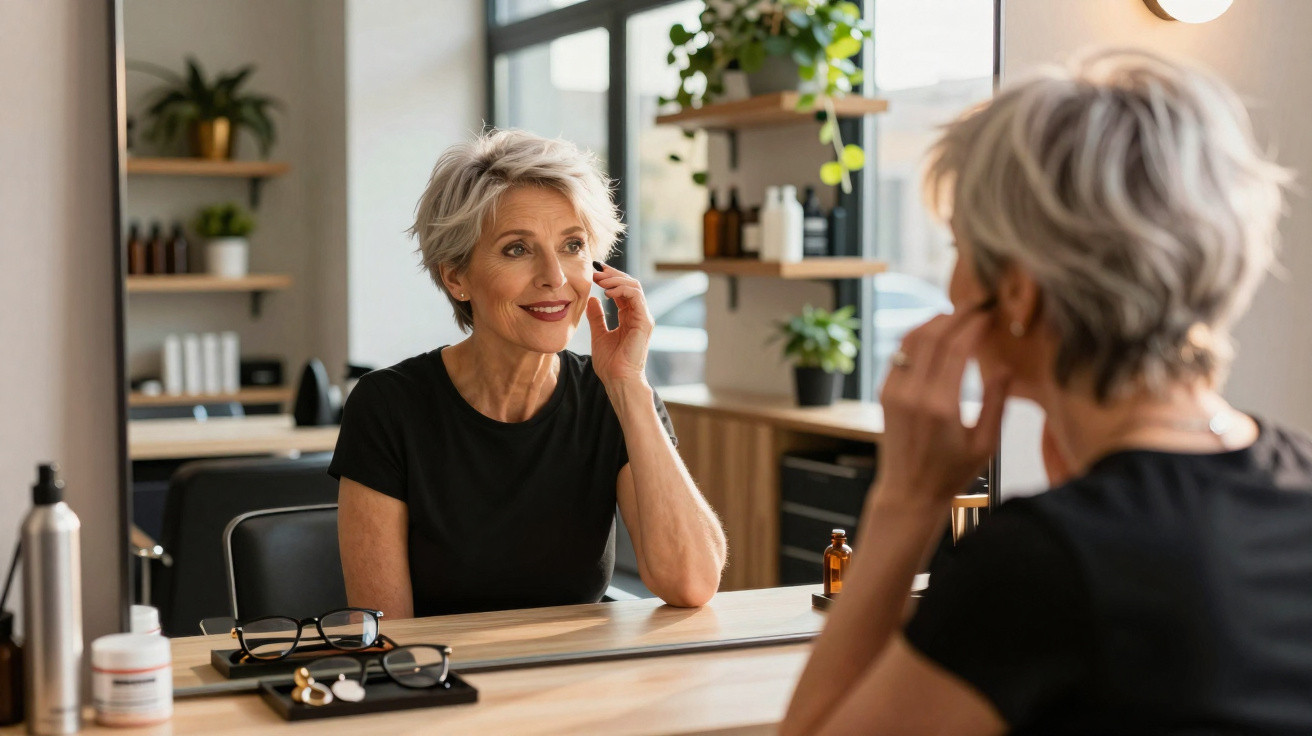 Smiling older woman with short grey hair sitting at a dressing table, looking at her reflection in the mirror.