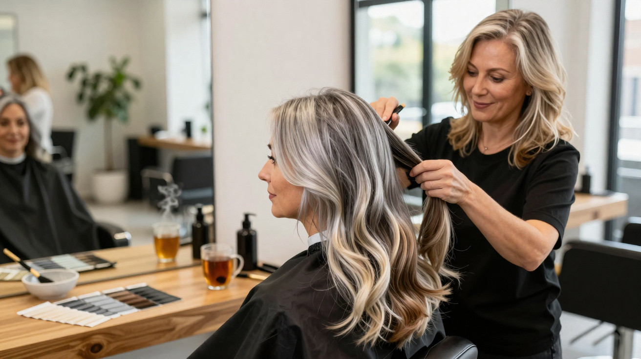 Hairdresser styling a seated woman’s long, wavy, blonde hair in a modern salon.