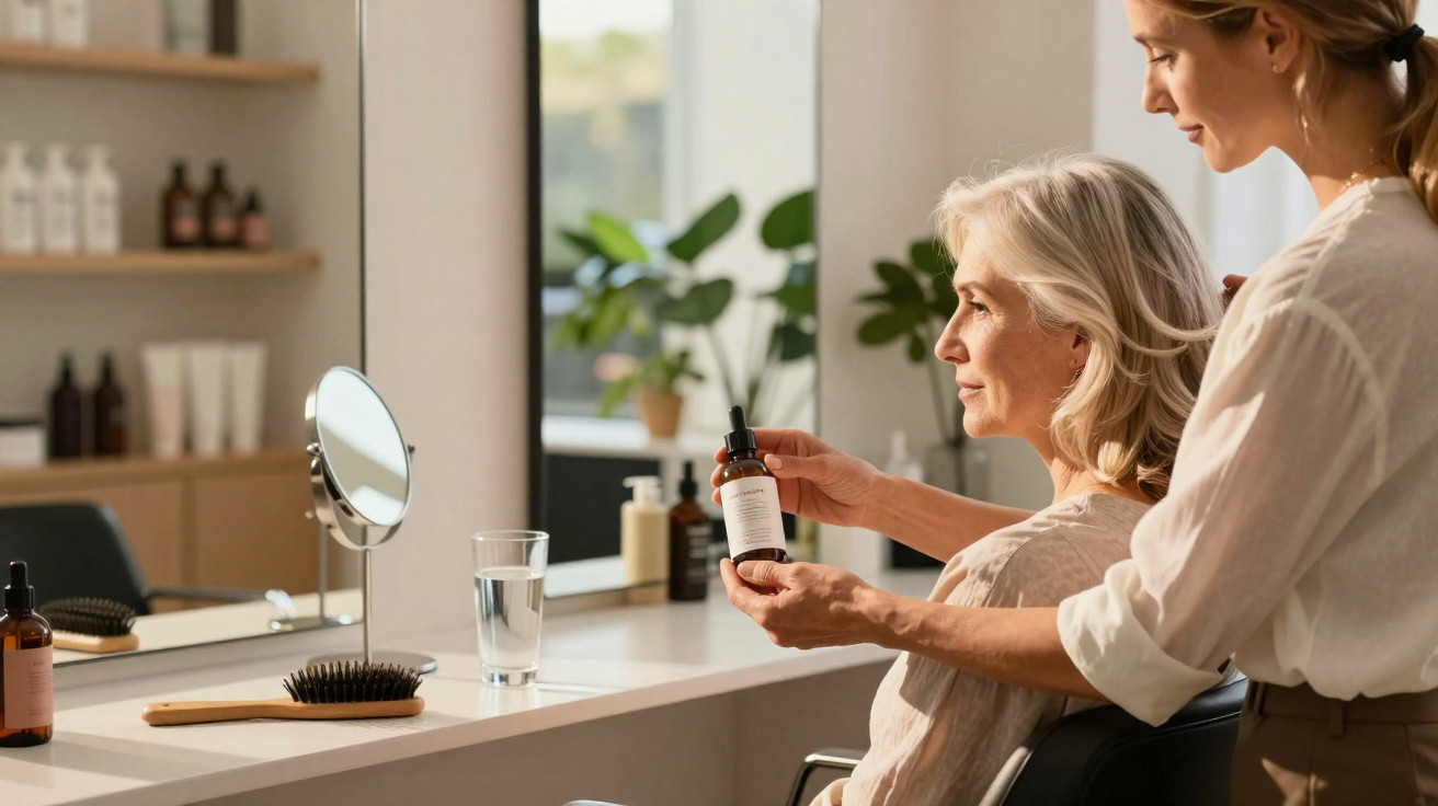 A woman showing a bottle of hair care product to an elderly woman seated in a salon chair by a mirror.