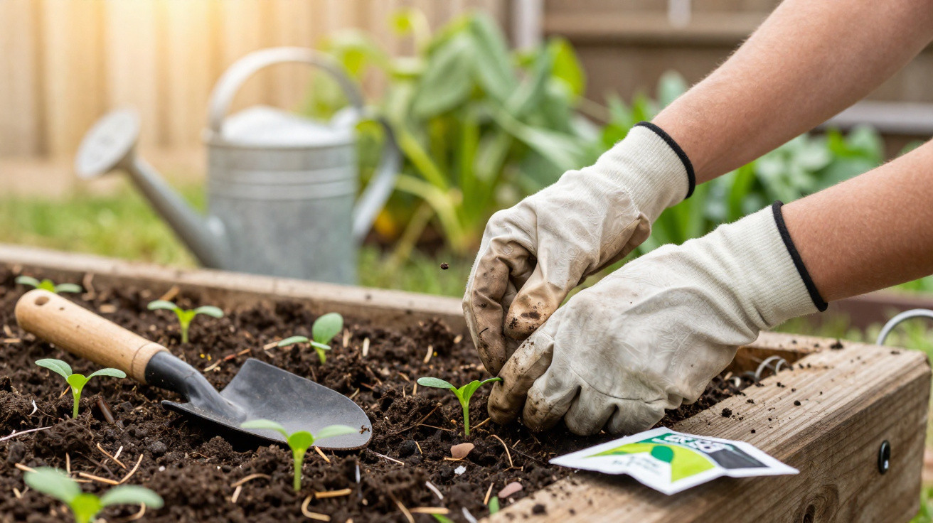 Hands wearing gardening gloves planting seedlings in a wooden raised garden bed with tools and watering can nearby.