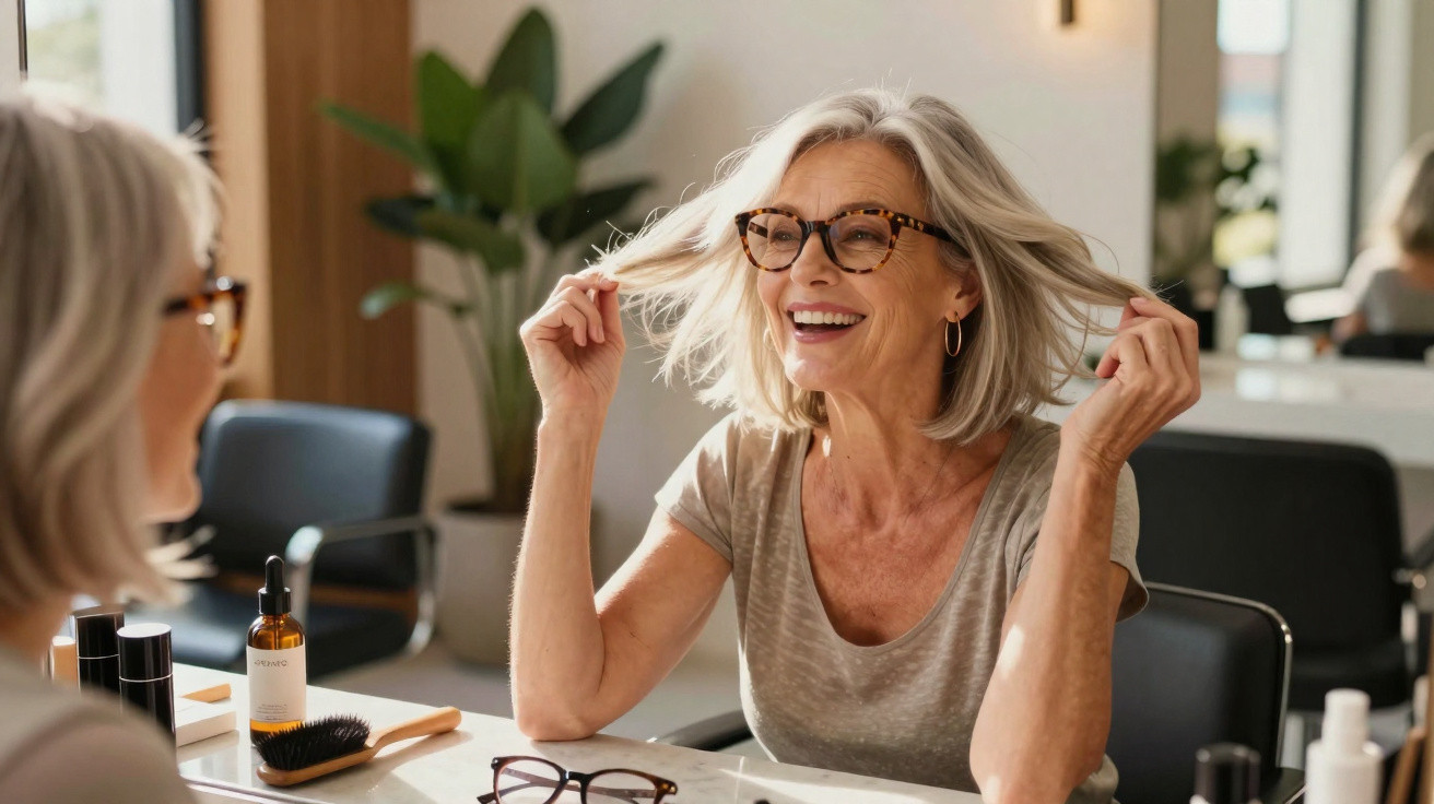 Smiling older woman with glasses touching her hair while sitting at a vanity mirror with beauty products.