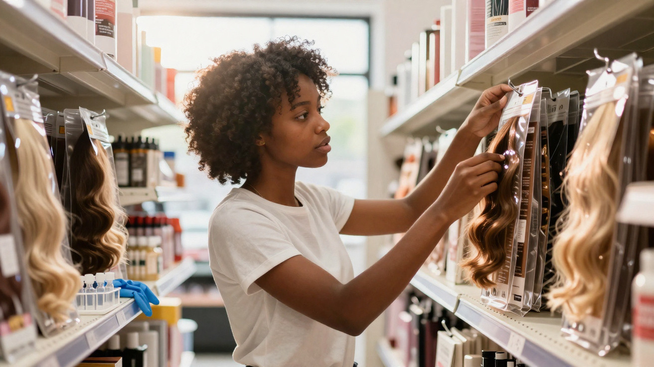 Woman in white t-shirt selecting hair extensions from a store shelf in a beauty supply shop.