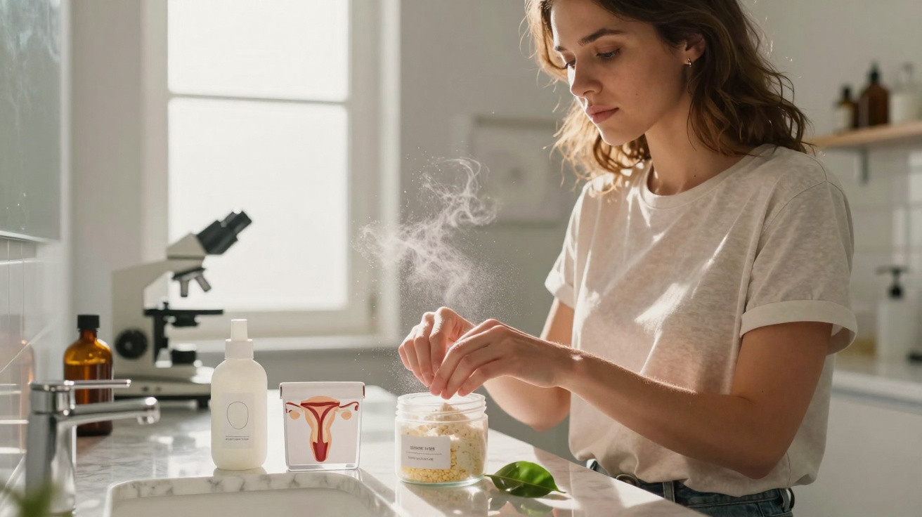Woman preparing herbal steam therapy for vaginal health in a bright, modern bathroom.