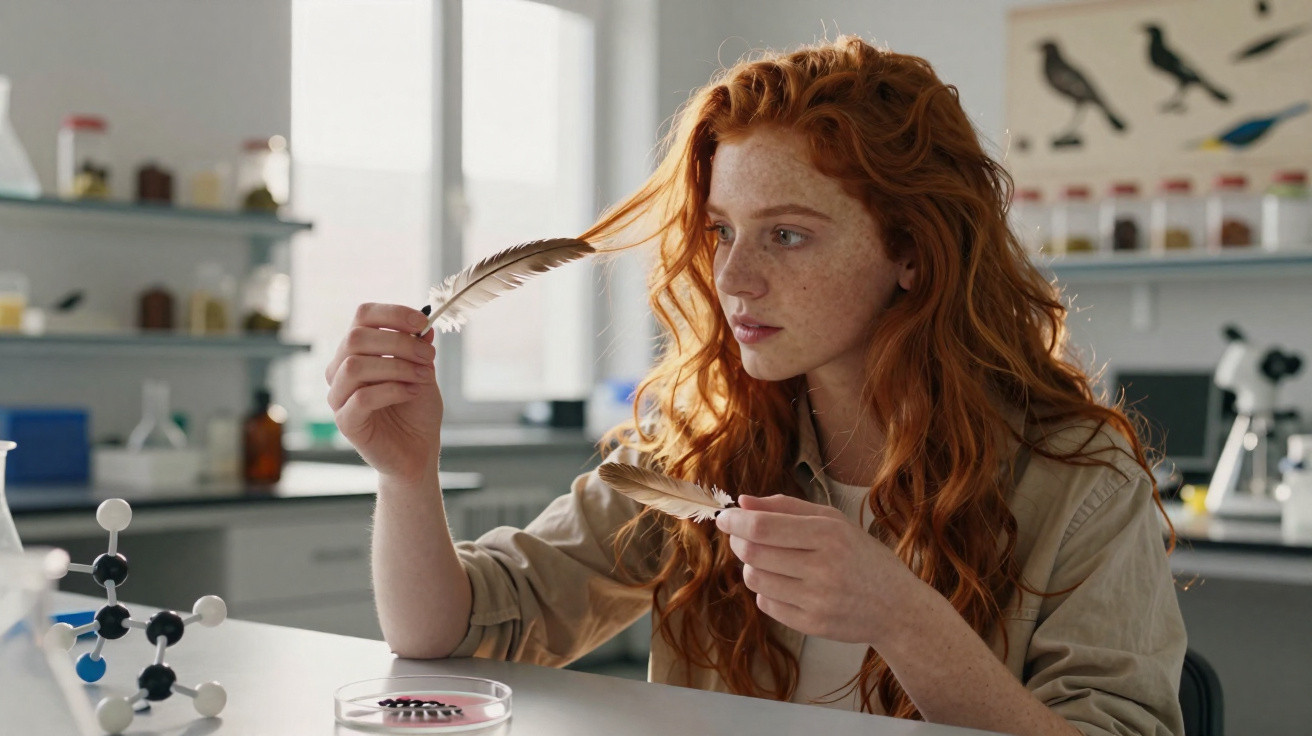 Young woman with red hair examining feathers in a science classroom with molecular models and bird charts.