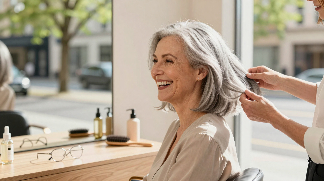 Senior woman smiling while hairstylist styles her grey hair in a bright salon with a wooden counter and mirror.