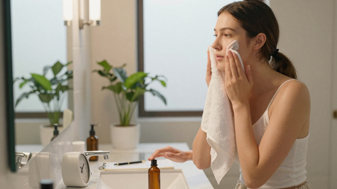 Woman using a cotton pad and towel to cleanse her face in a bright, plant-decorated bathroom.