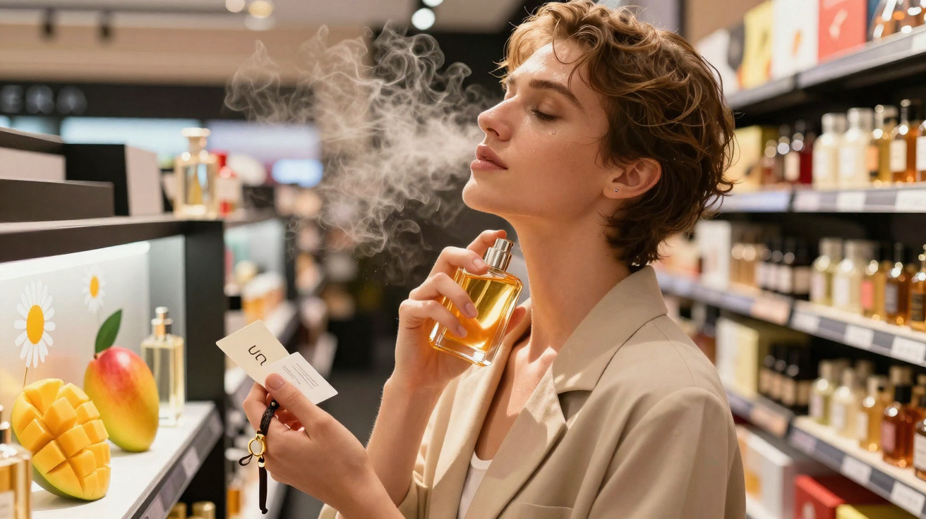 Woman testing perfume spray in a fragrance store with shelves of bottles in the background.