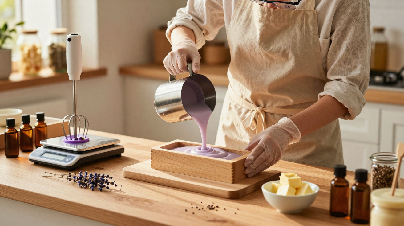 Person wearing gloves and apron pouring lavender soap mixture into wooden mould in a kitchen workspace
