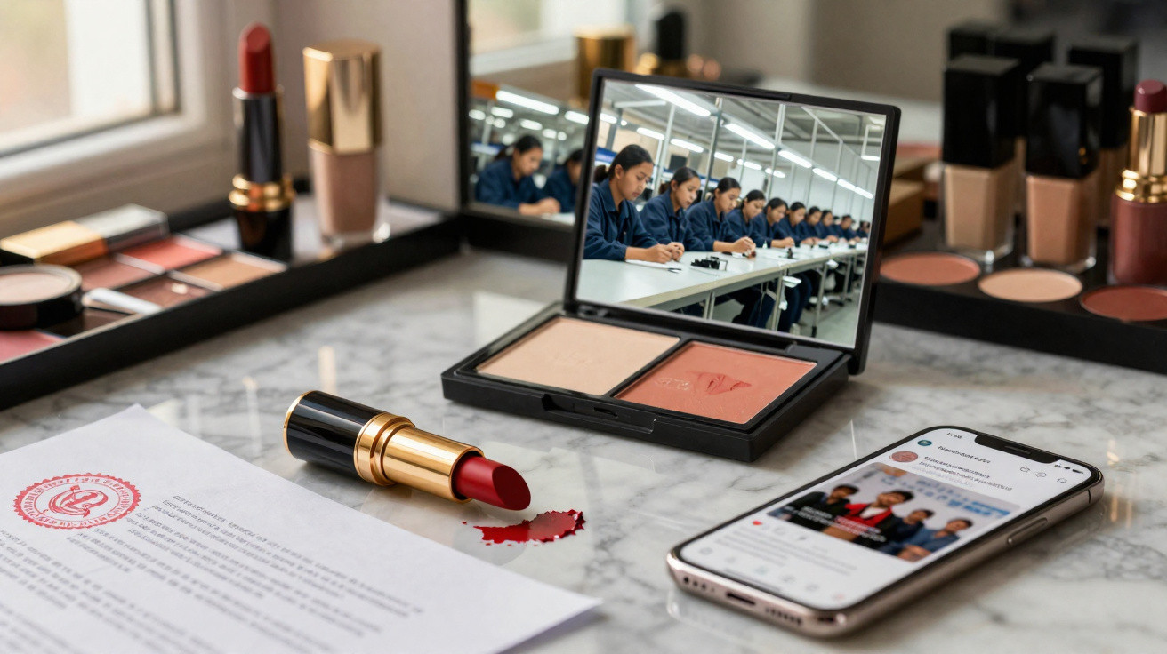 Red lipstick on a marble surface with spilled stain, makeup compact showing repeated worker image, and smartphone.