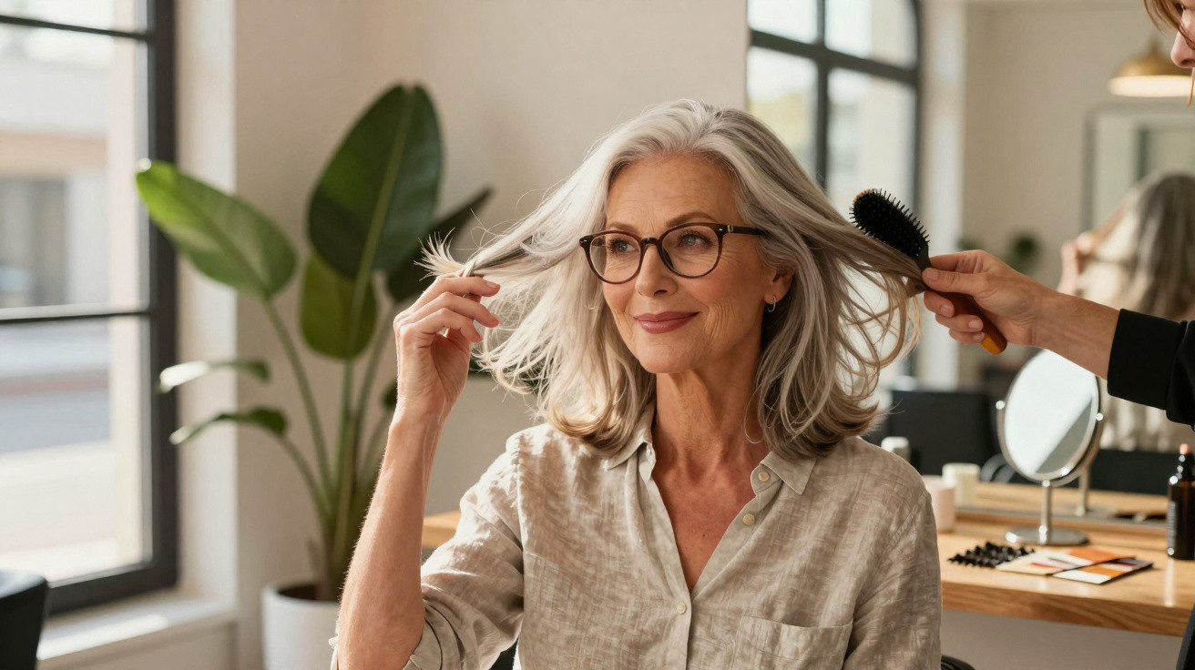 Smiling older woman with grey hair wearing glasses having her hair brushed in a bright, modern salon.