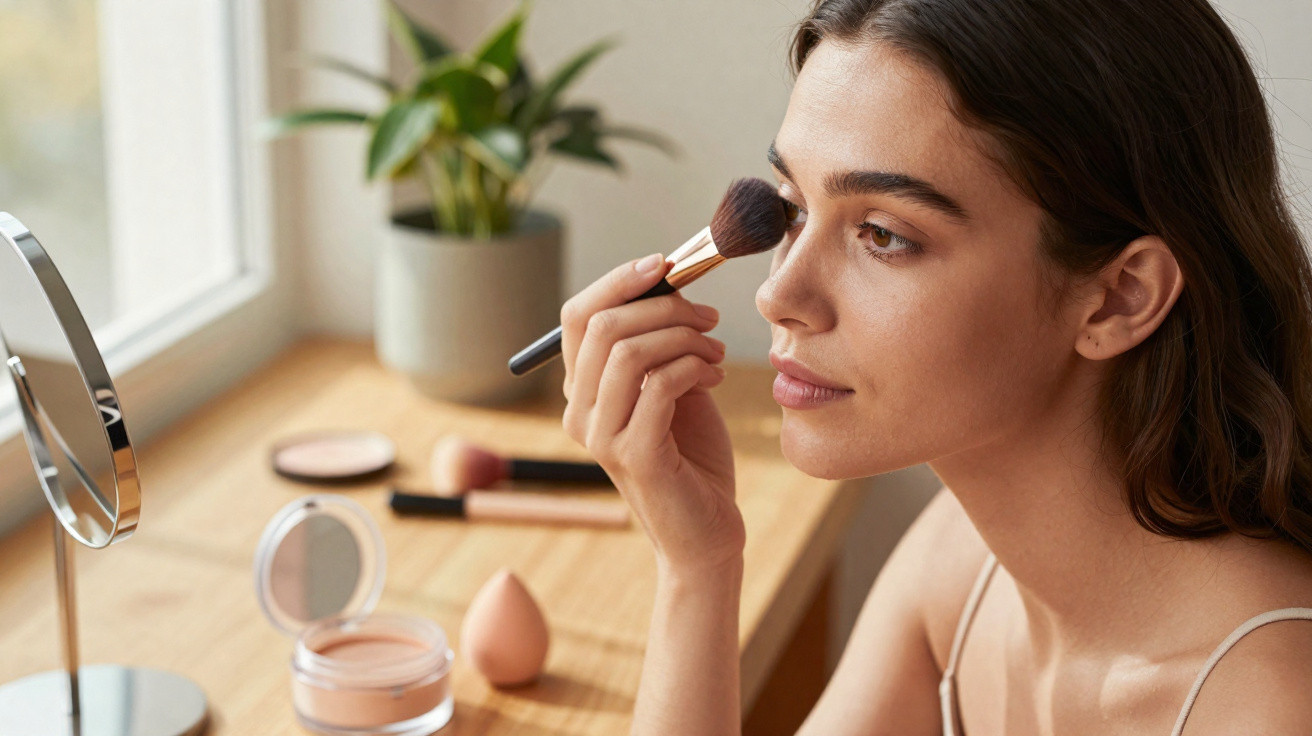 Woman applying makeup with a brush in front of a mirror on a wooden table with cosmetics and a plant.