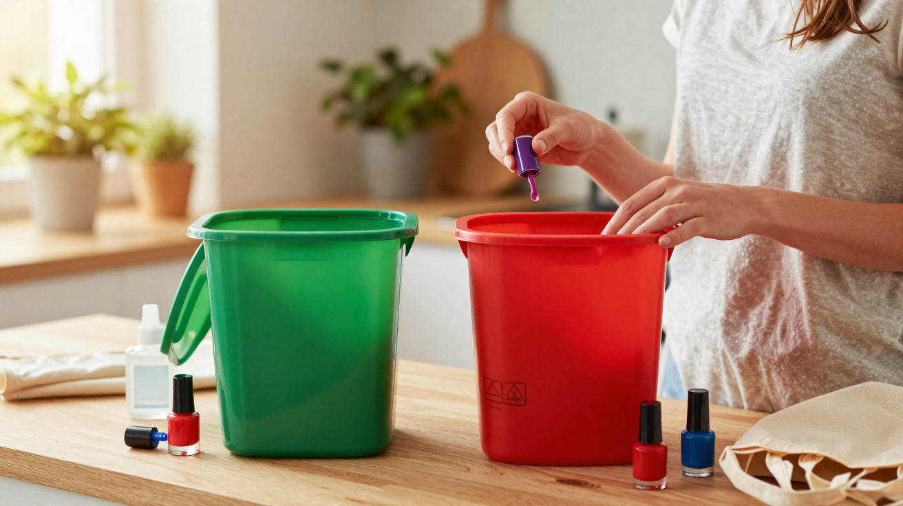 Person sorting recyclable nail polish bottles into green and red bins on a wooden kitchen table.