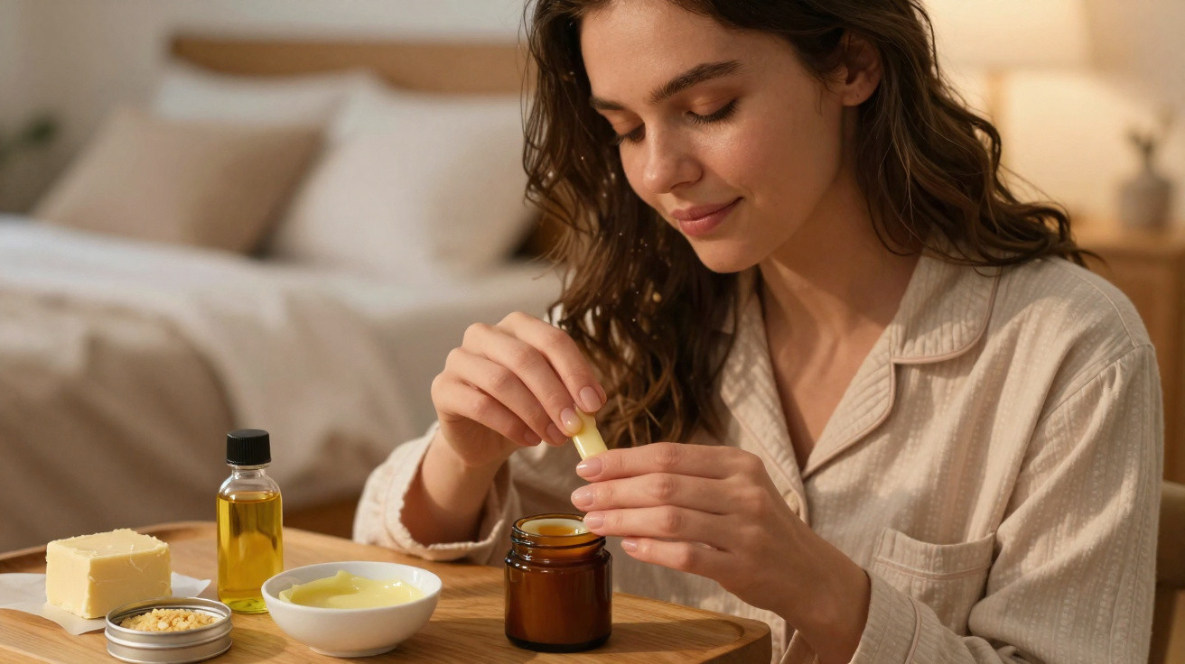 Woman in beige pajamas preparing homemade skincare product with natural ingredients on wooden table.