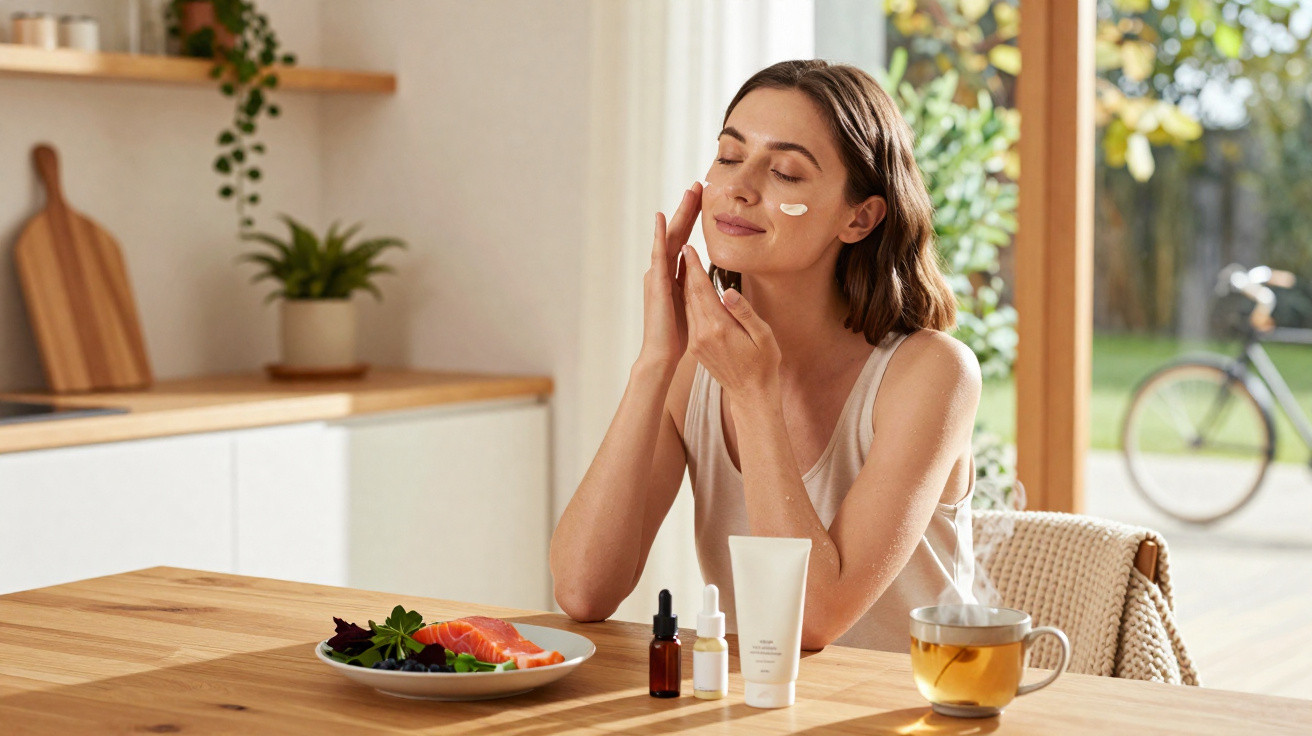 Woman applying face cream at a kitchen table with healthy food and a cup of tea beside her.