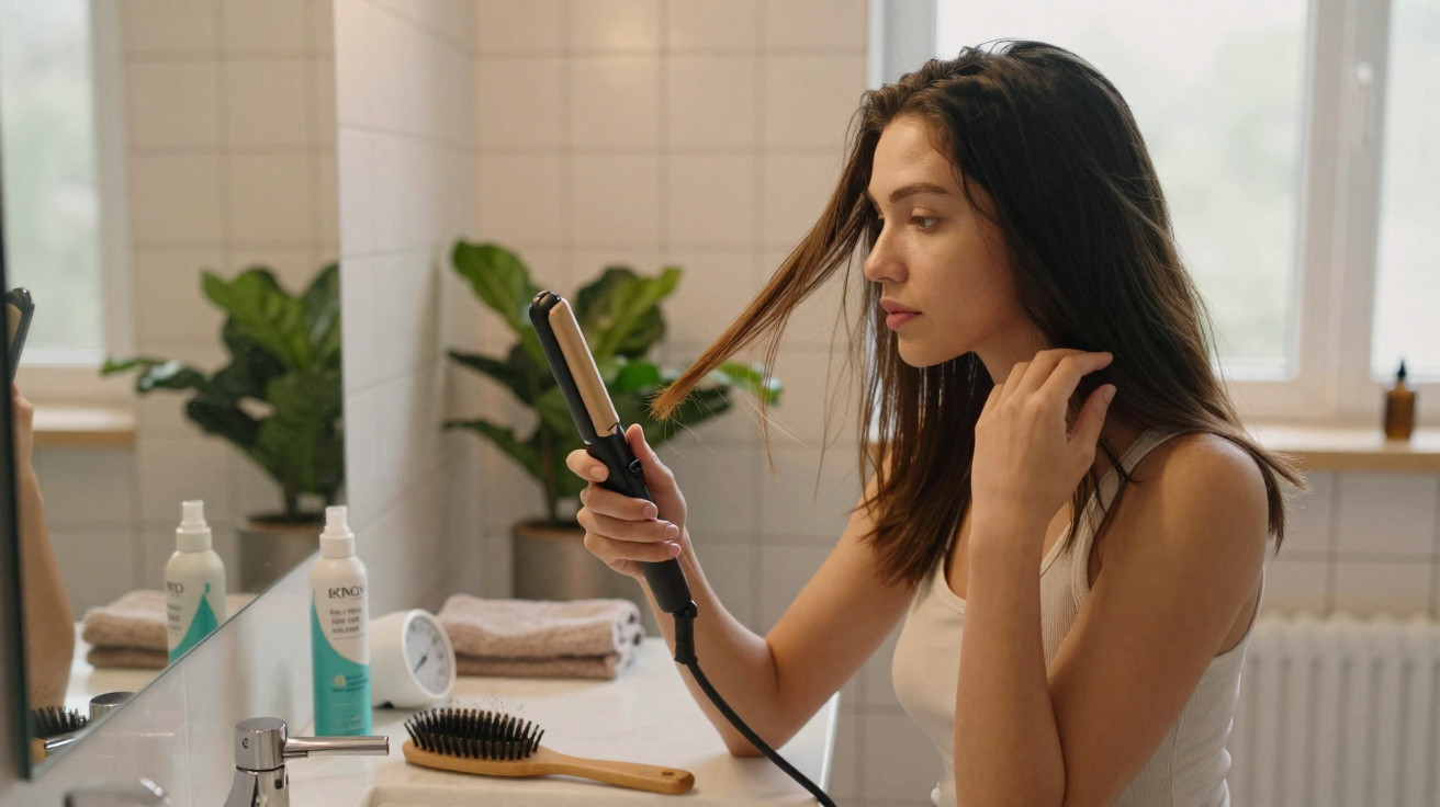 Young woman using a hair straightener on her long hair in a bright bathroom with plants and toiletries.
