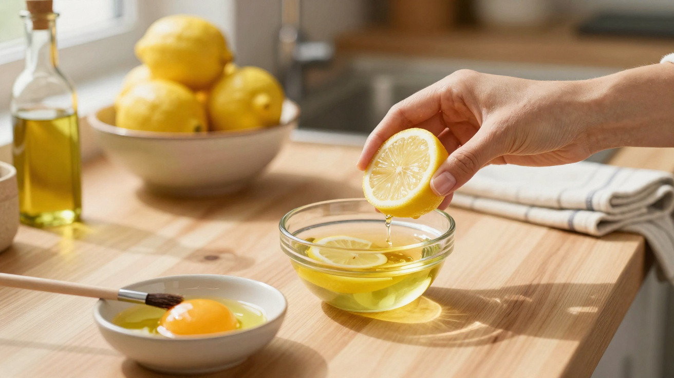 Hand squeezing lemon juice into a bowl with lemon slices on a kitchen counter next to an egg yolk.