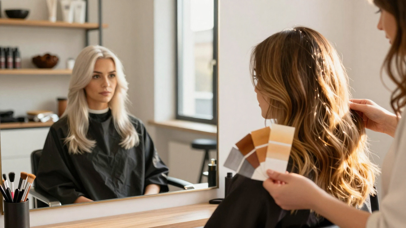 Woman with long blonde hair sitting in a salon chair while a hairdresser holds colour swatches near her hair.