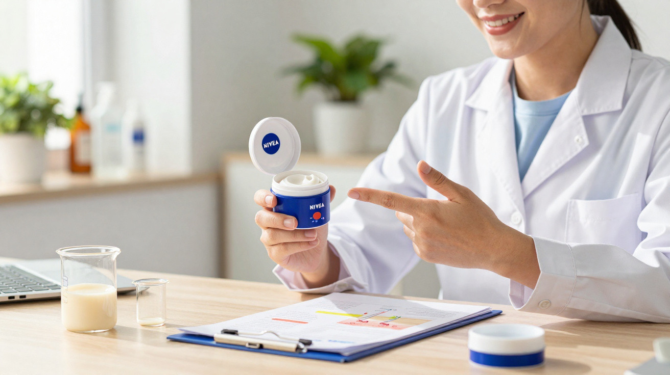 Person in a white lab coat holding and pointing at an open Nivea cream jar at a desk with documents and lab glassware.