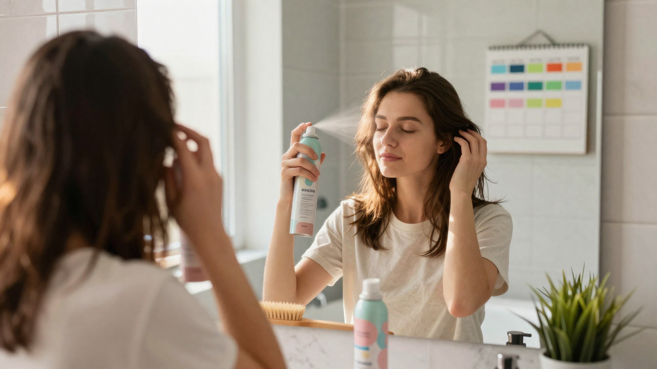 Young woman spraying facial mist in front of a bathroom mirror with a calendar and plant visible.
