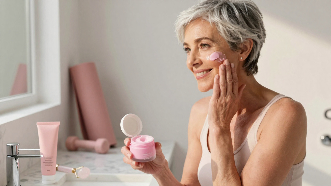 Smiling mature woman with short grey hair applying pink face cream in bathroom by window.