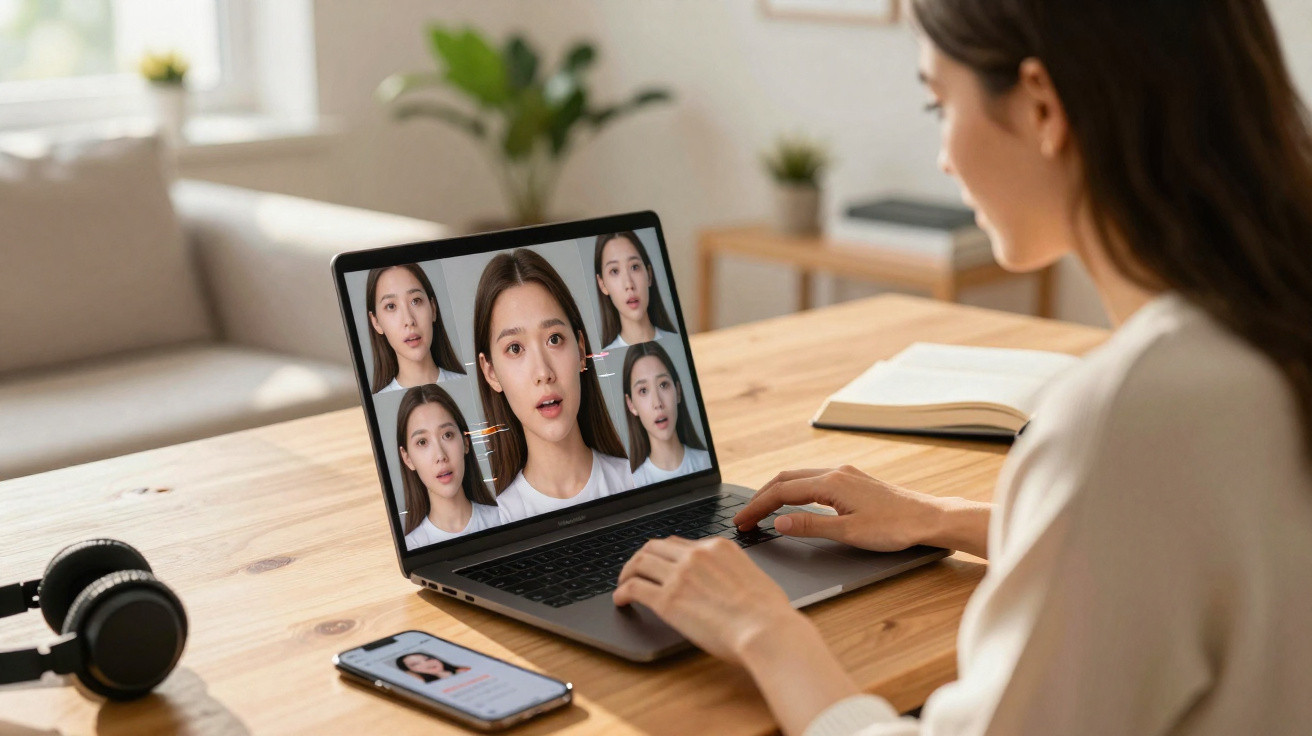 Woman video calling on laptop showing multiple facial expressions while sitting at wooden table with headphones and phone.