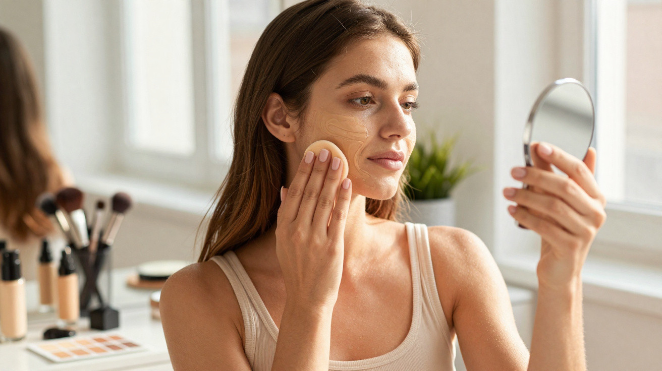 Woman applying foundation with a makeup sponge while looking into a handheld mirror in a bright room