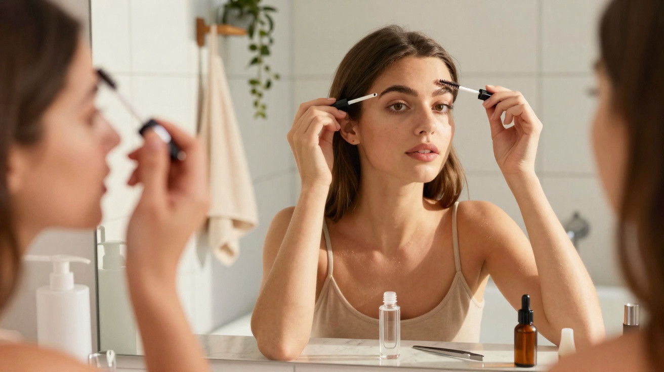 Young woman applying eyebrow mascara in front of bathroom mirror with skincare products on the counter