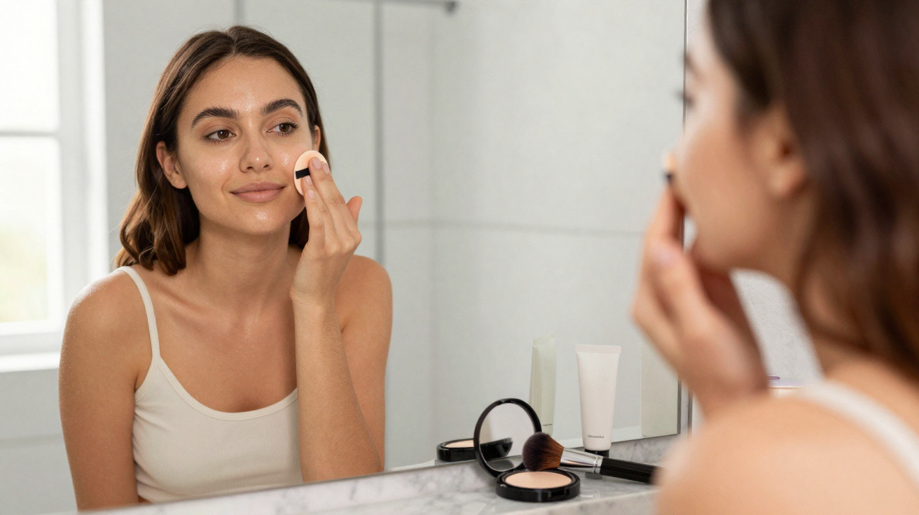 Woman applying face powder with a sponge while looking in a bathroom mirror.