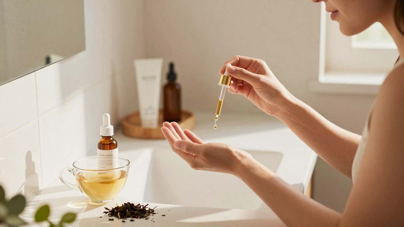 Person applying facial oil with a dropper in a bright bathroom setting with skincare products and tea nearby.