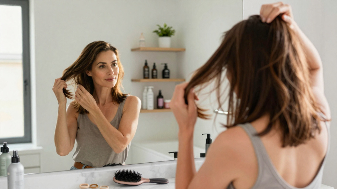 Woman with brown hair adjusting her hair in front of a bathroom mirror with hairbrush and products on the counter