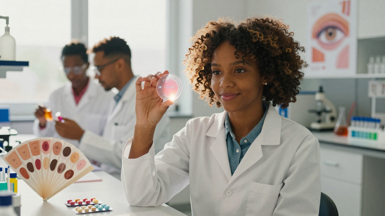 Female scientist examining a petri dish in a laboratory with two colleagues working in the background.