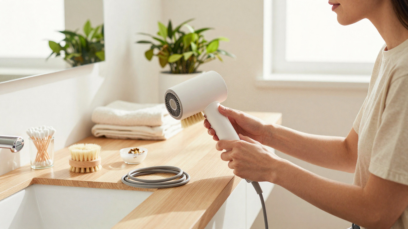 Person holding a white hairdryer with wooden countertop, plants, towels, and grooming brushes nearby in a bathroom.
