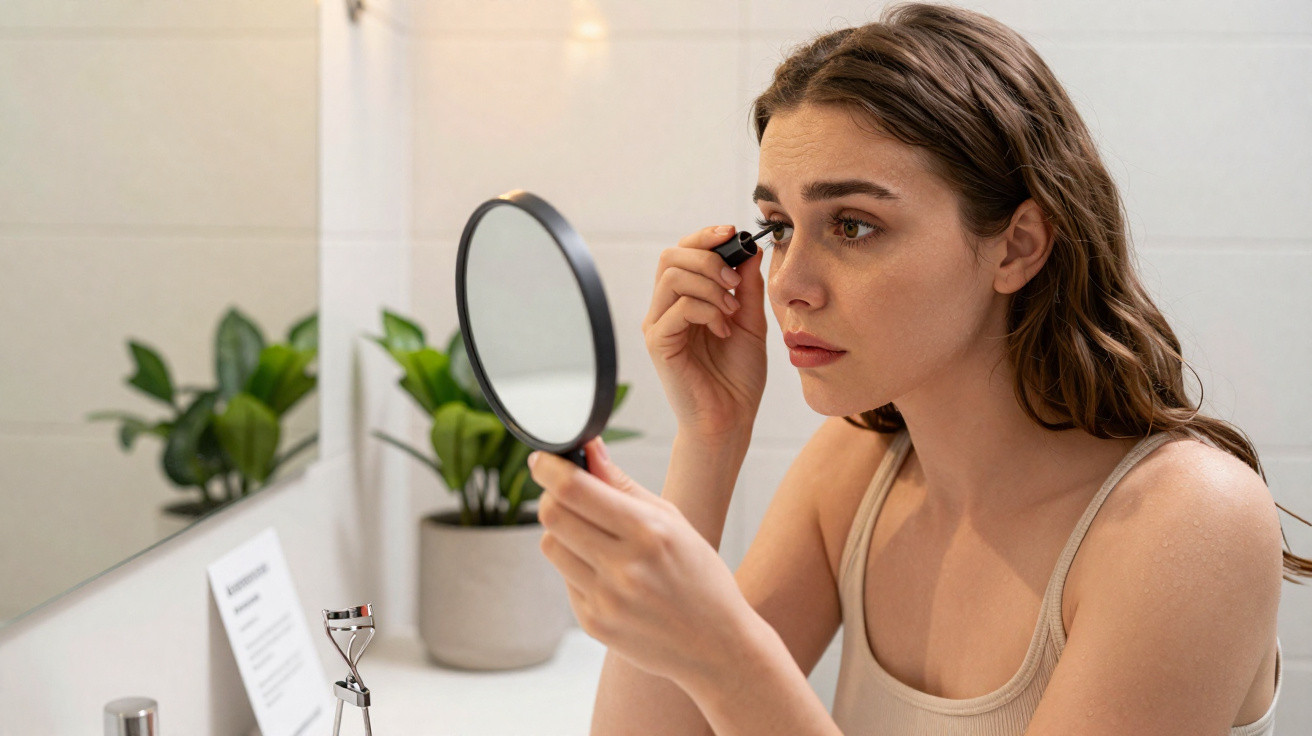 Young woman applying mascara while looking into a handheld mirror in a bright bathroom with plants.